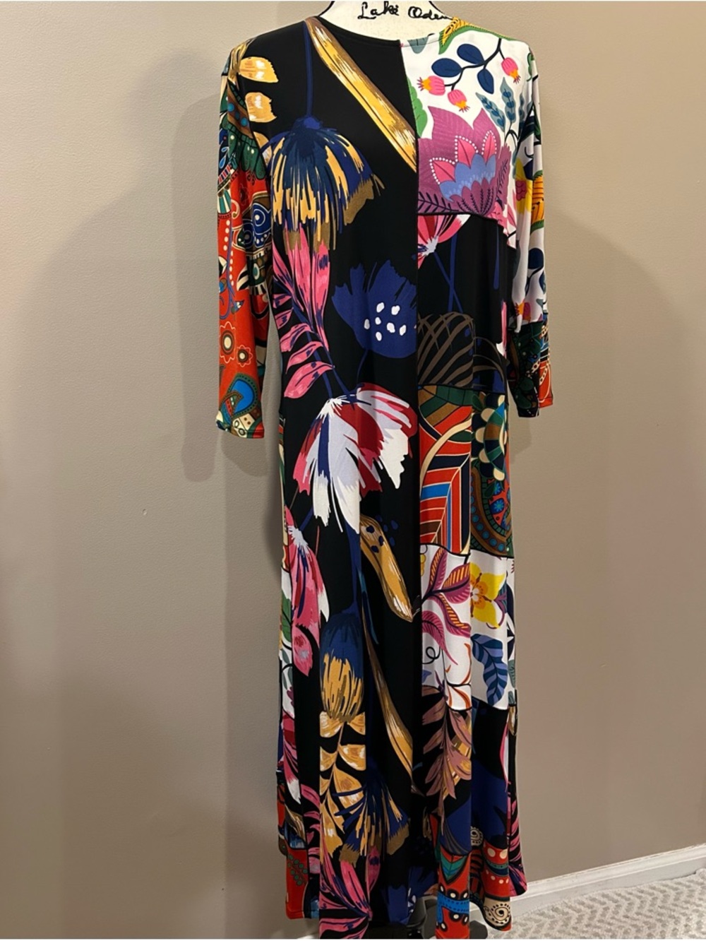Eva Varro Meghan Combo Print 3/4 sleeves long Dress